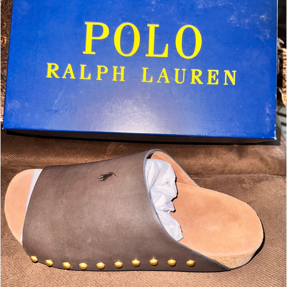 Brand new in box Ralph Lauren Polo Calfskin leather slides with rivets Size 7B